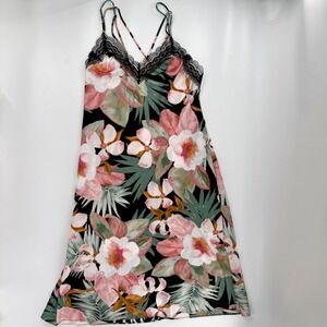 Lilac + London Vayda Tropical Floral Satin Slip Dress Lace Trim Black Pink S NWT